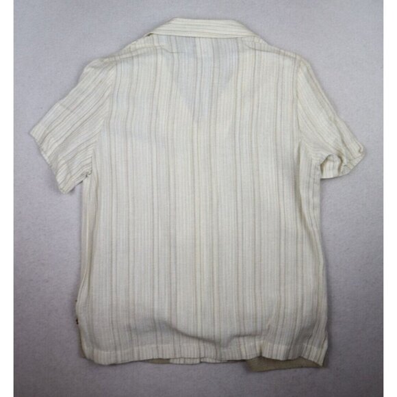 WOMEN'S BEIGE STRIPED SHORT SLEEVE BUTTON-UP TOP - CM SHAPES - BEADED FRINGE PM - Picture 10 of 10